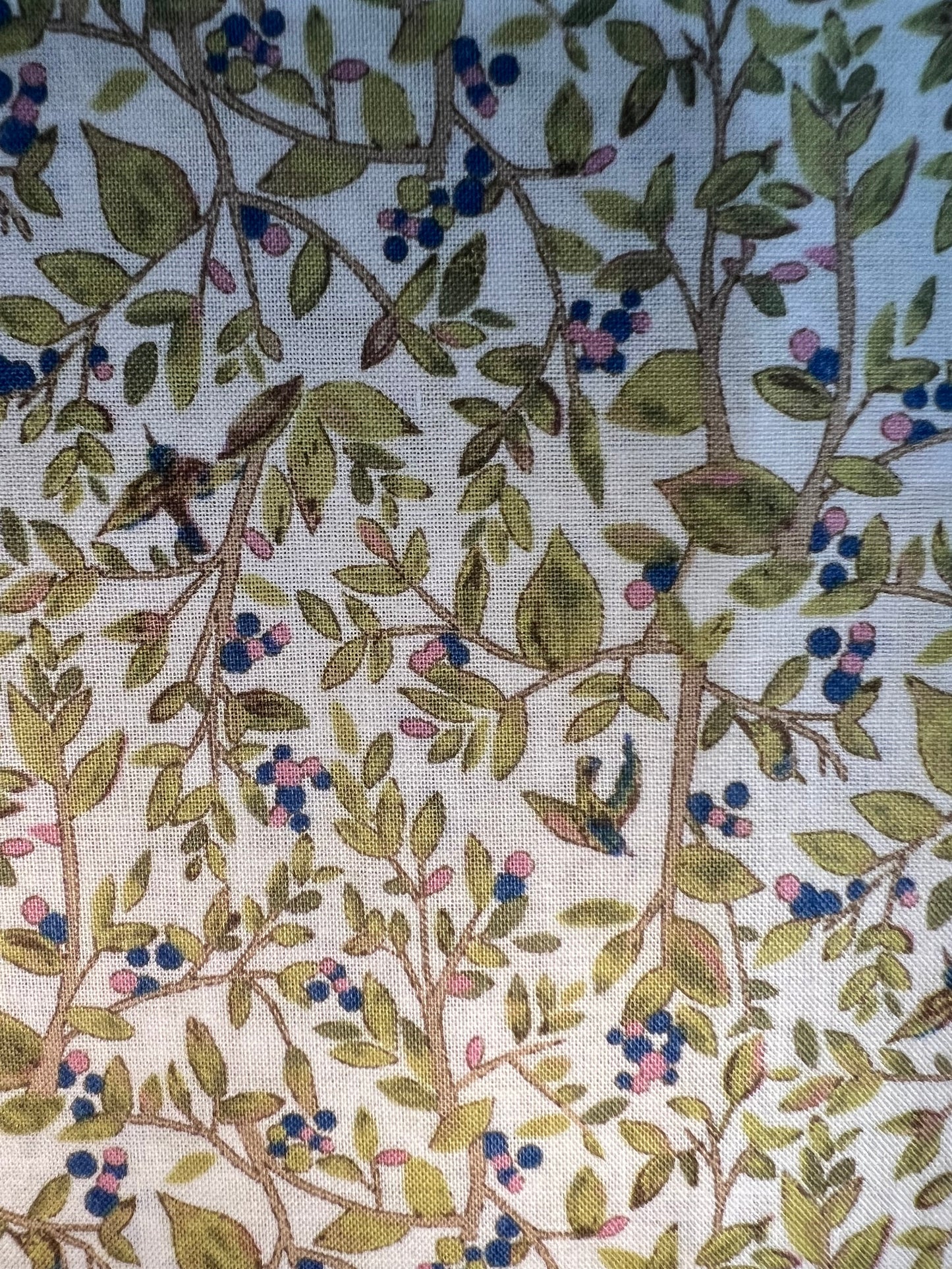 Berries & Birds Blue Pink on White Lawn Fabric by Hokkoh (sold in 25cm increments)