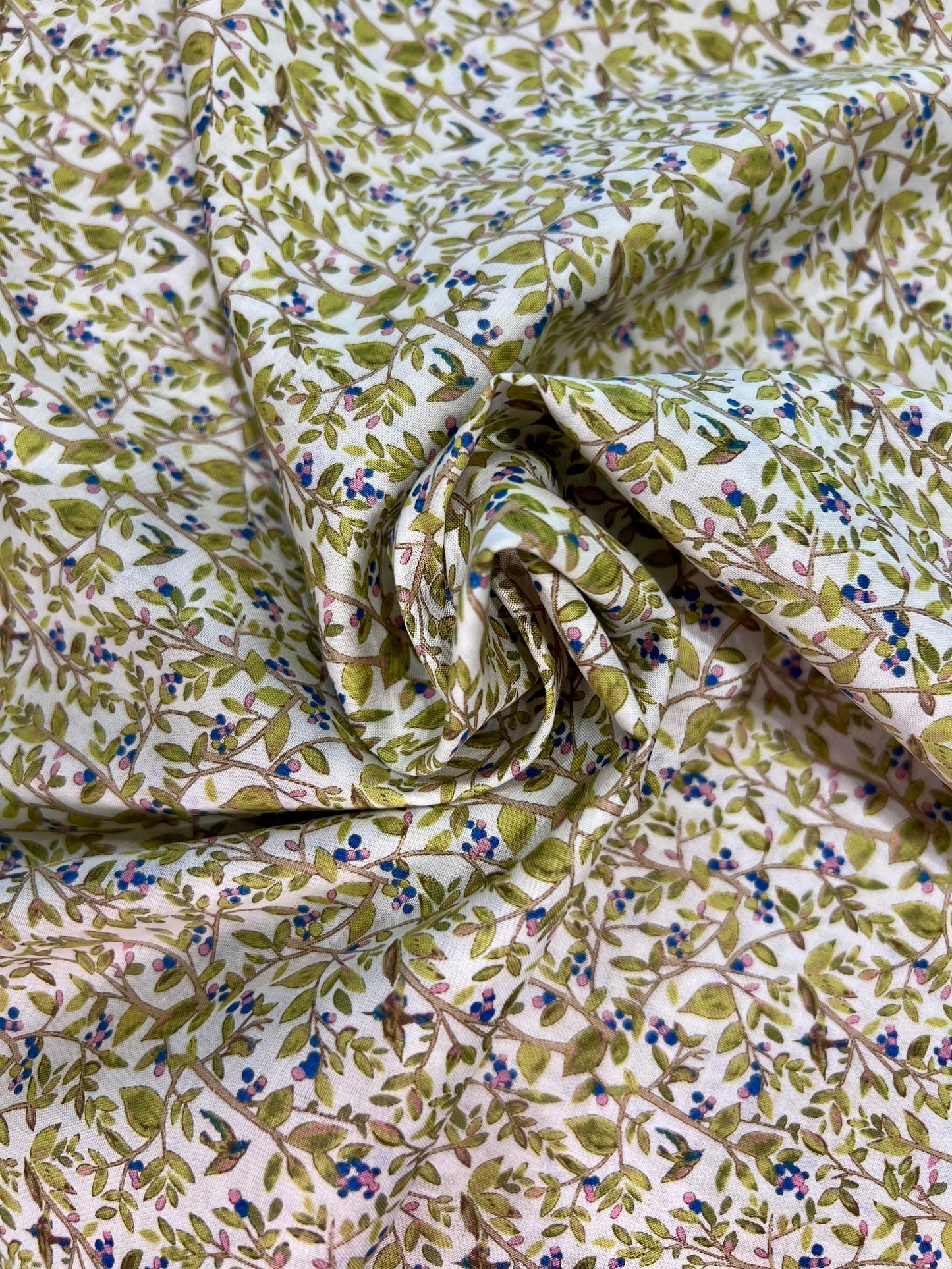Berries & Birds Blue Pink on White Lawn Fabric by Hokkoh (sold in 25cm increments)