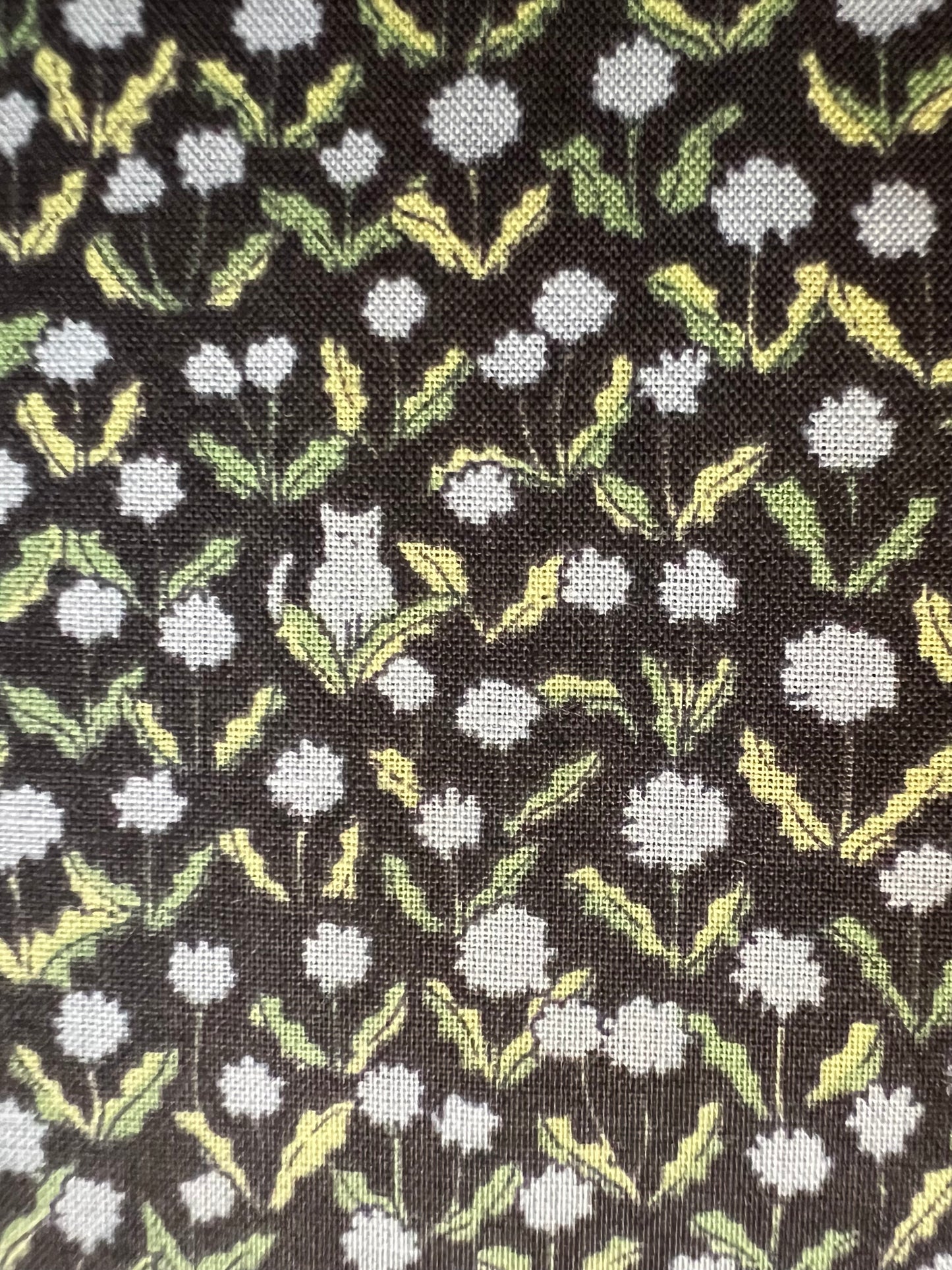 Blue Flowers & Mini Cats on Black Lawn Fabric by Hokkoh (sold in 25cm increments)