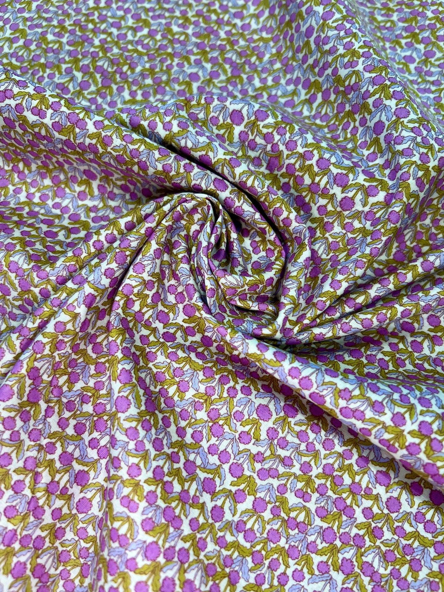 Purple Flowers & Mini Cats on White Lawn Fabric by Hokkoh (sold in 25cm increments)
