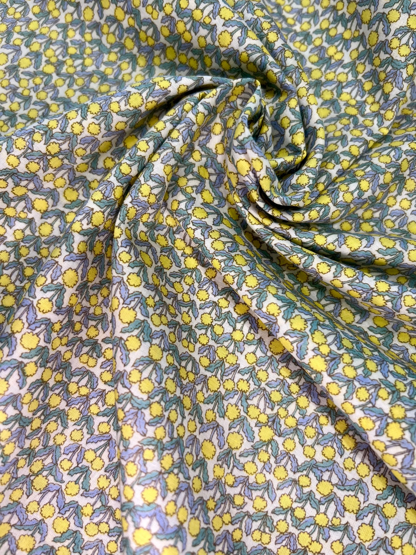 Yellow Flowers & Mini Cats on White Lawn Fabric by Hokkoh (sold in 25cm increments)