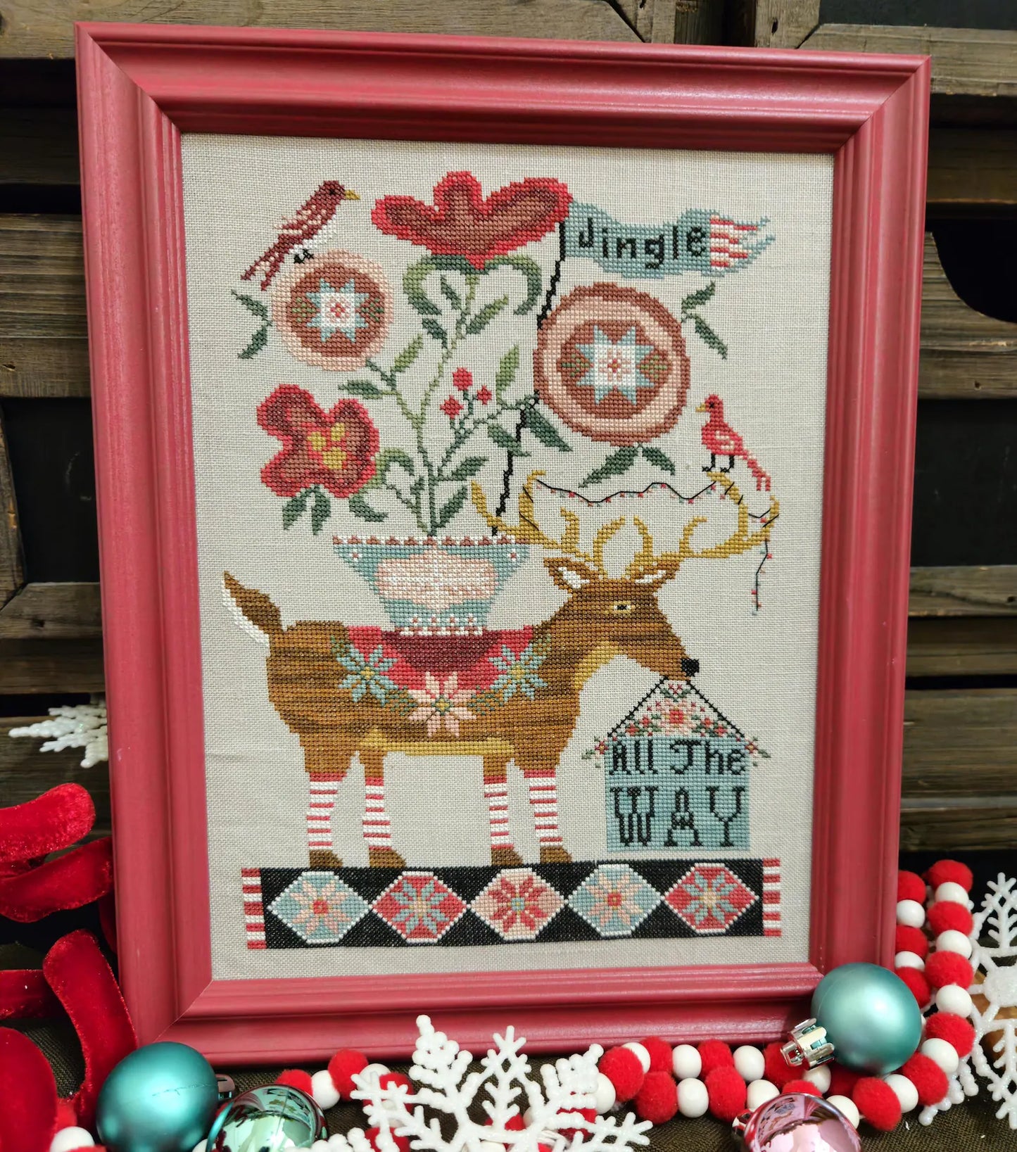 Jingle All The Way Deer Cross Stitch Pattern by Quaint Rose Needlearts