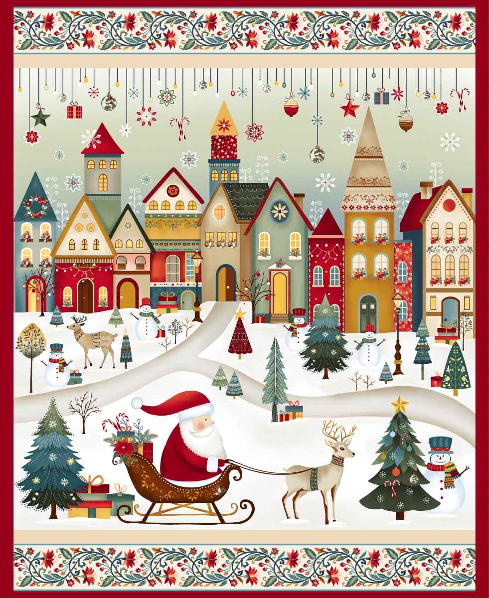 Nordic Holiday Village 3615P-44 Santa Scenic Panel by Mary Jane Carey for Henry Glass Fabrics