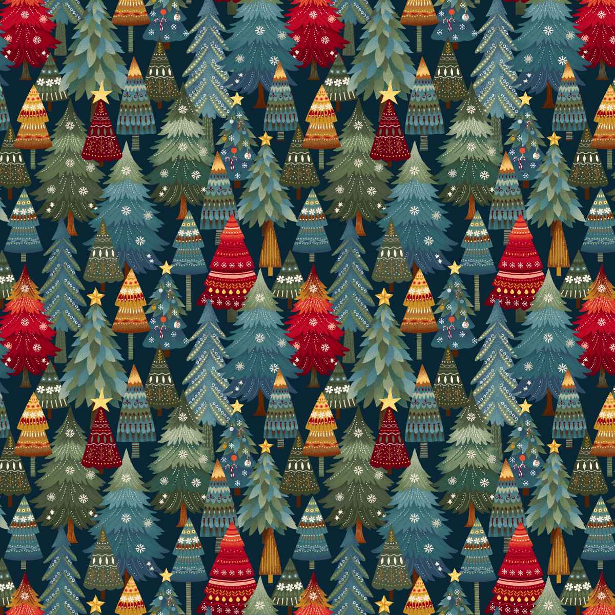 Nordic Holiday Village 3606-77 Stacked Trees Dark Blue by Mary Jane Carey for Henry Glass Fabrics (sold in 25cm increments)