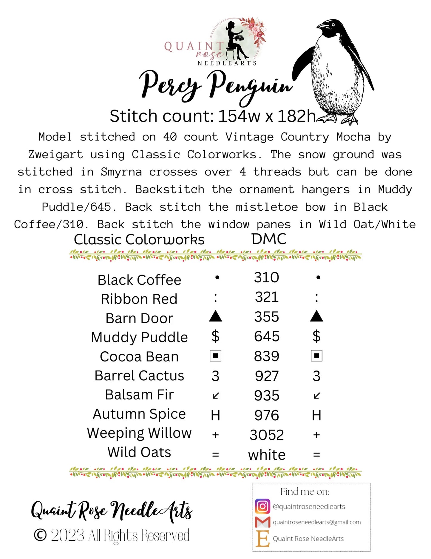 Percy Penguin Cross Stitch Pattern by Quaint Rose Needlearts