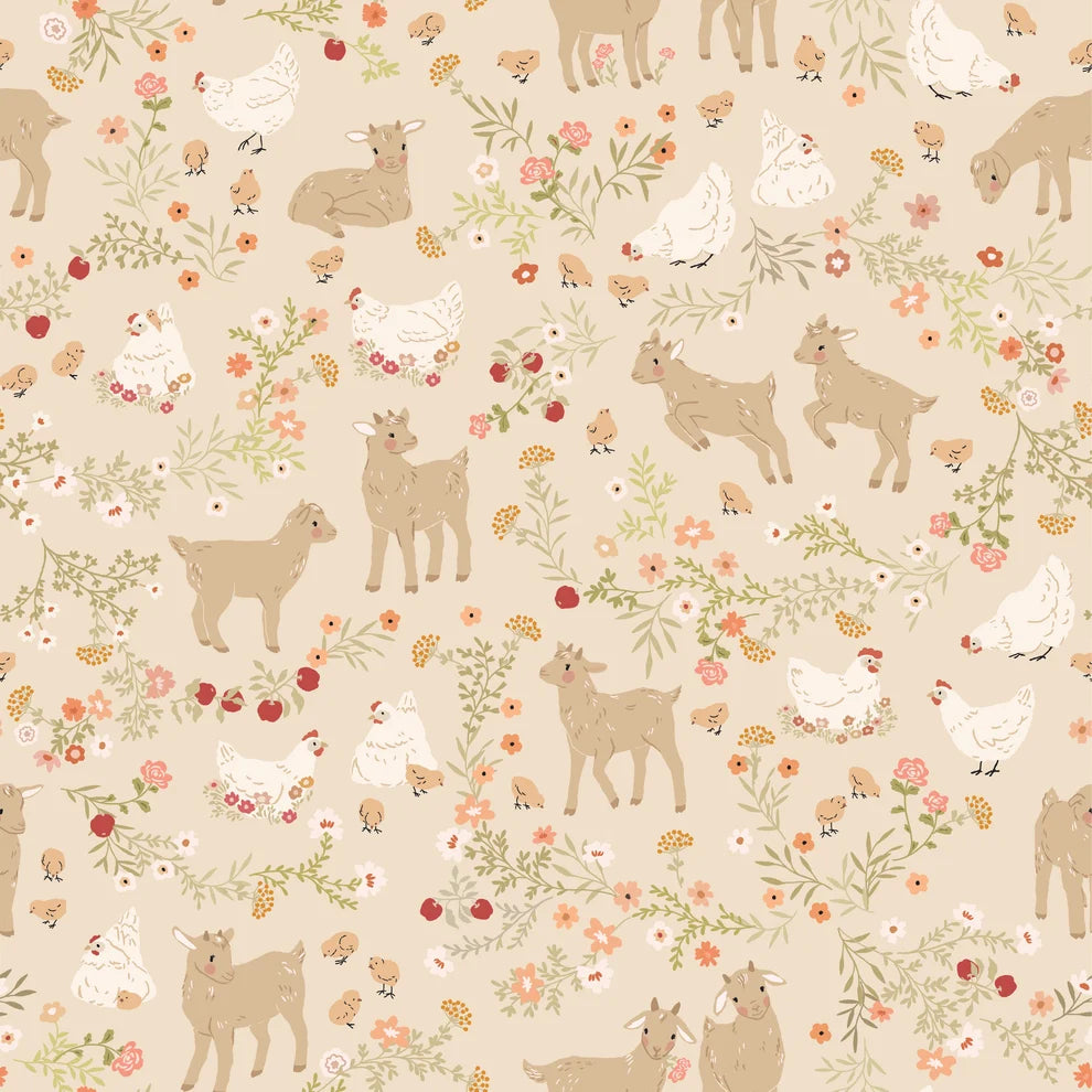 Primrose & Parsley Barnyard Babies Beige PR26844 by Michal Marko for Poppie Cotton (sold in 25cm increments)