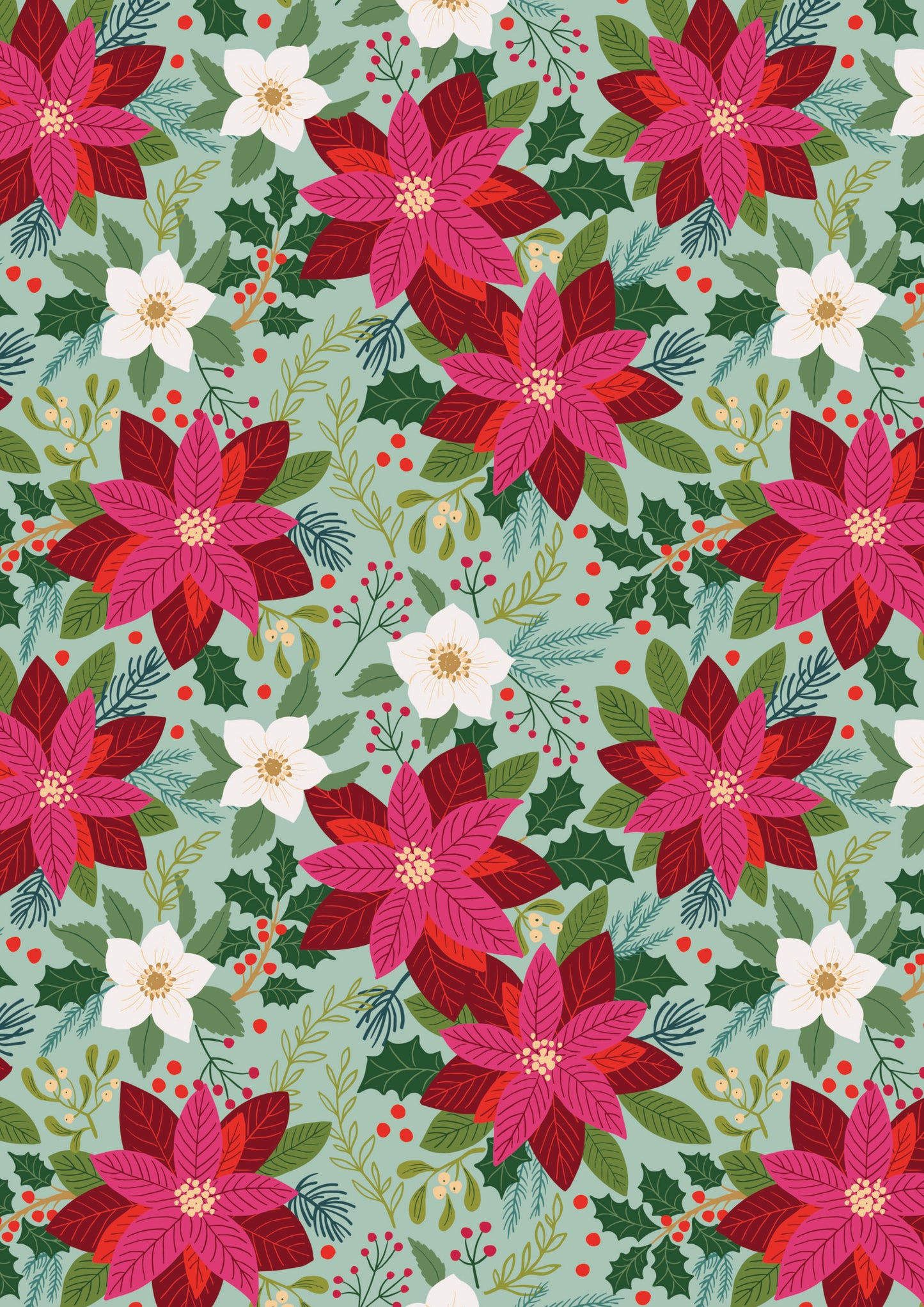 All is Bright Poinsettia on Duck Egg SH30B by Stuart Hillard for Lewis & Irene Fabrics (sold in 25cm increments)