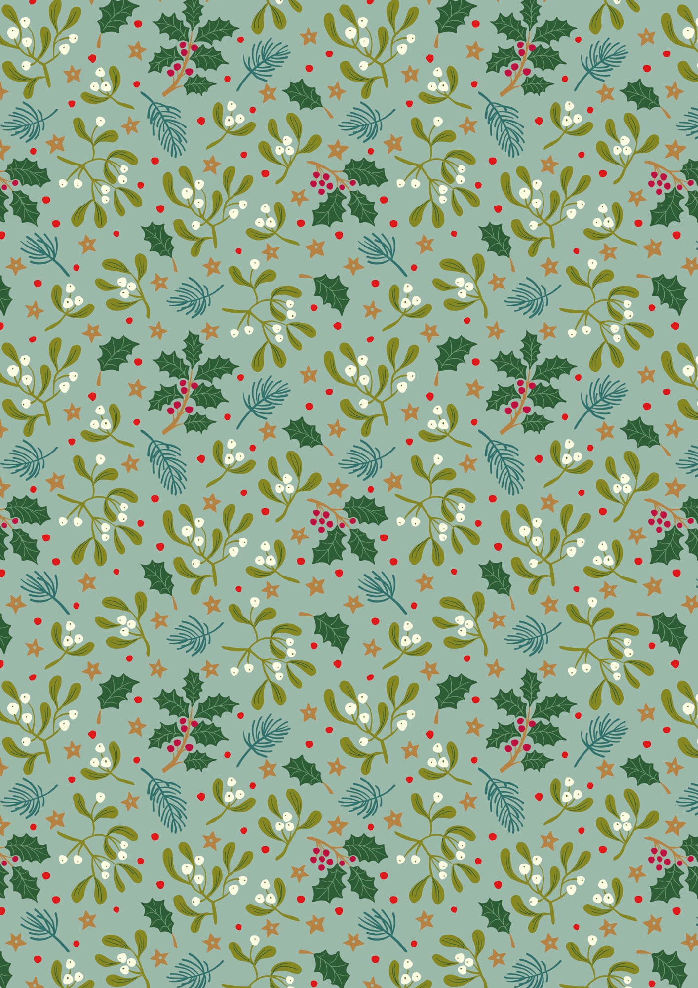 All is Bright Mistletoe on Duck Egg SH31B by Stuart Hillard for Lewis & Irene Fabrics (sold in 25cm increments)