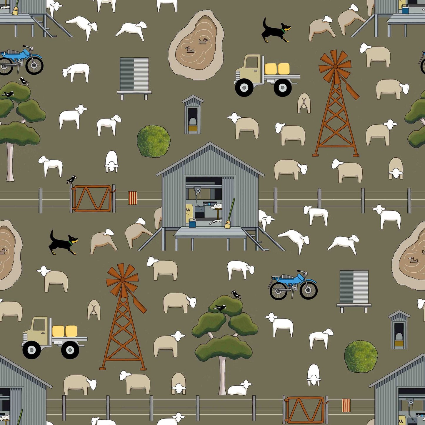 Shearing Time on Chocolate by Red Tractor Designs (sold in 25cm increments)