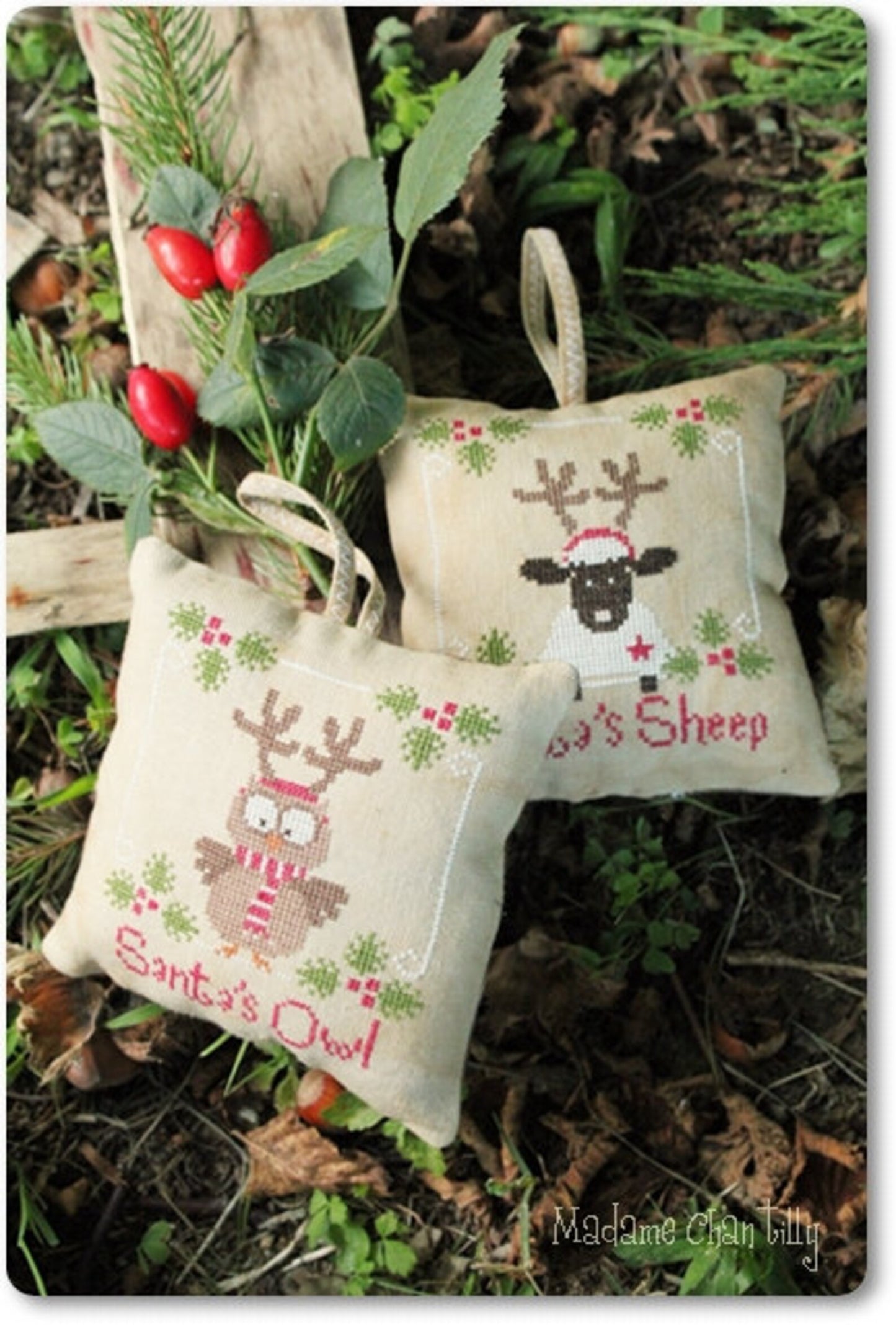 Santa's Owl and Sheep Cross Stitch Pattern by Madame Chantilly