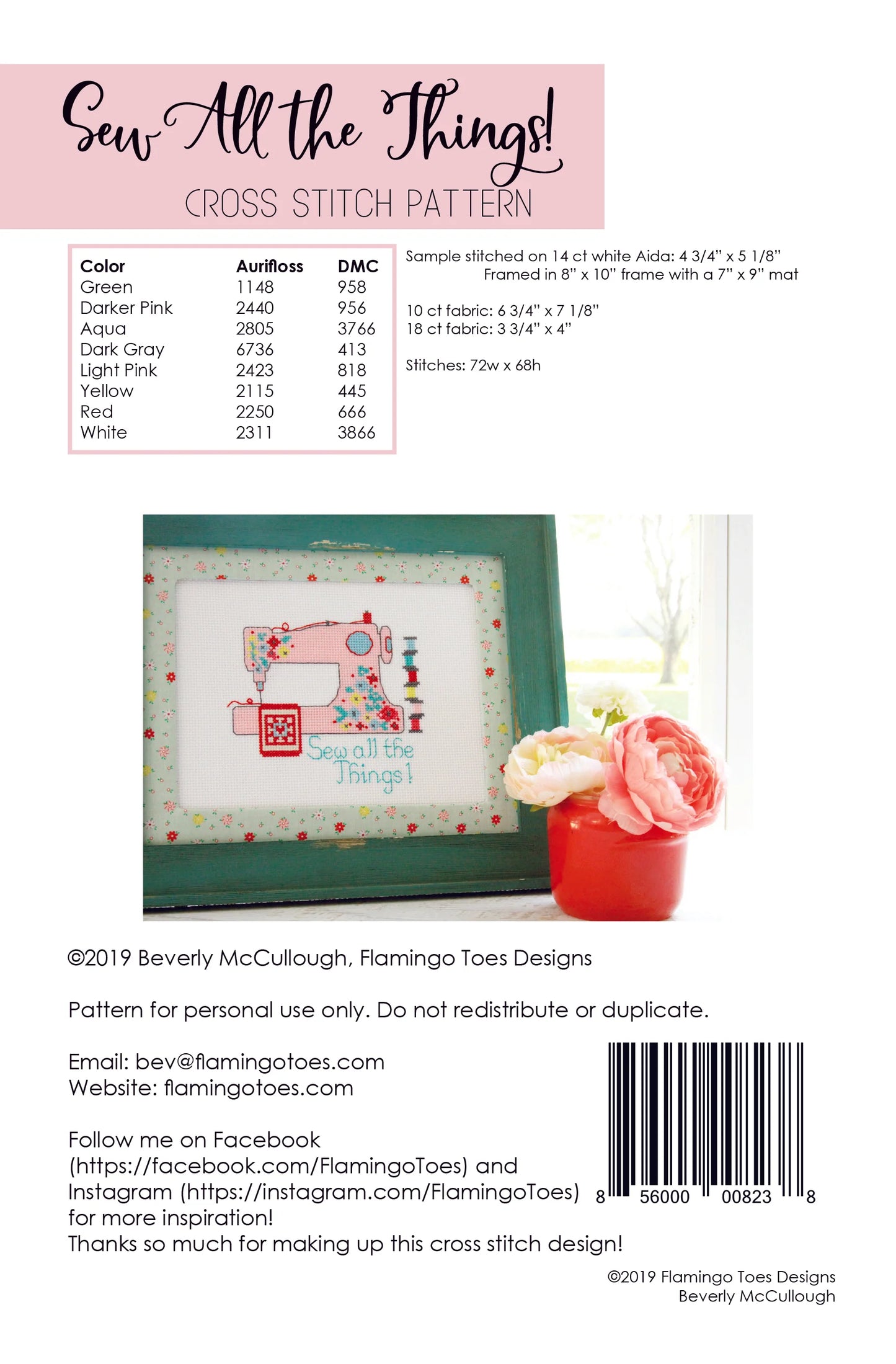 Sew All The Things Cross Stitch Pattern by Beverly McCullough of Flamingo Toes