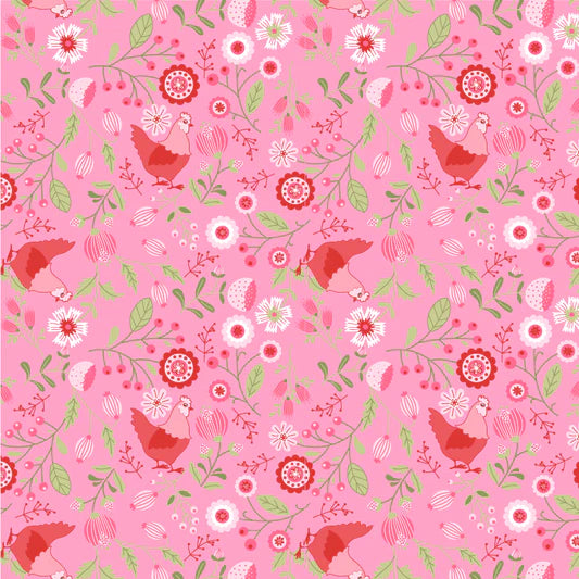 Smitten Chicken Smitten Chicken Pink SN251121 by Lori Woods for Poppie Cotton (sold in 25cm increments)