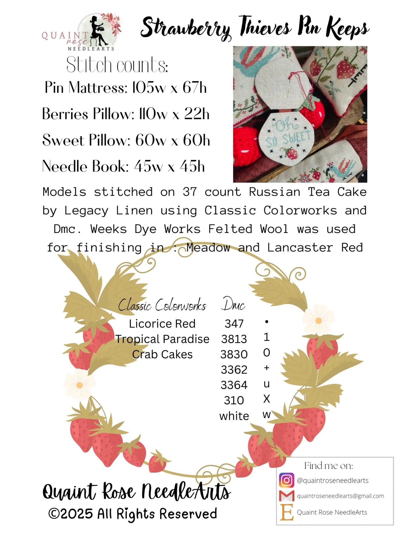 Strawberry Thieves Pin Keeps Cross Stitch Pattern by Quaint Rose Needlearts