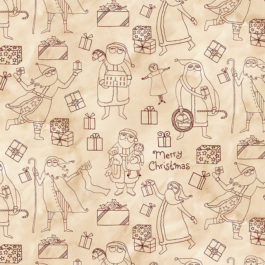 Naughty and Nice Santas & Gifts Parchment Wideback by Teresa Kogut for Riley Blake fabrics (sold in 25cm increments)