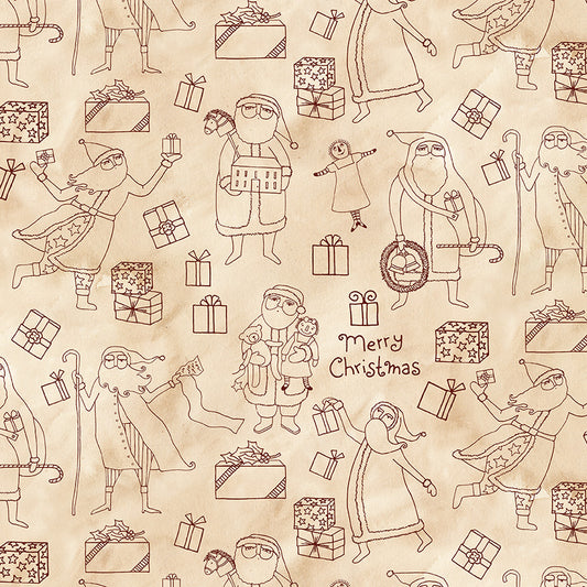 Naughty and Nice Santas & Gifts Parchment Wideback by Teresa Kogut for Riley Blake fabrics (sold in 25cm increments)