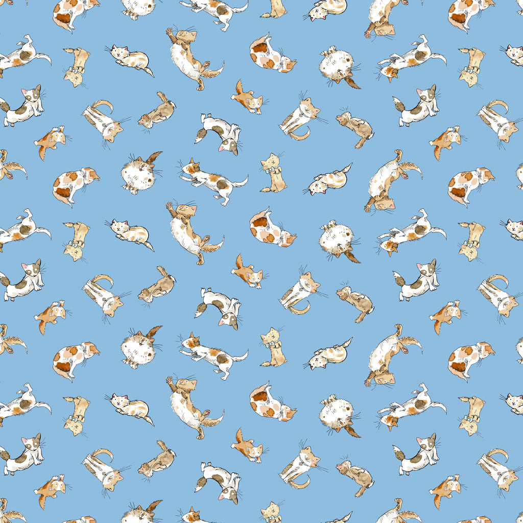 What Friends are For Kittens Blue Y4272-90 by Anita Jeram for Clothworks (Sold in 25cm increments)