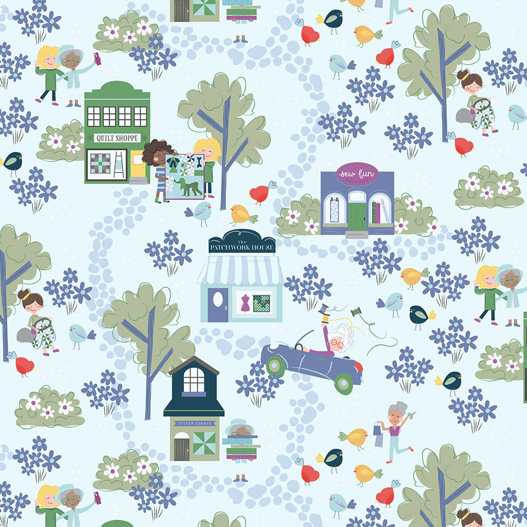 Shop Hop Toile Pale Blue Y4796-136 by Meags and Me for Clothworks Fabrics