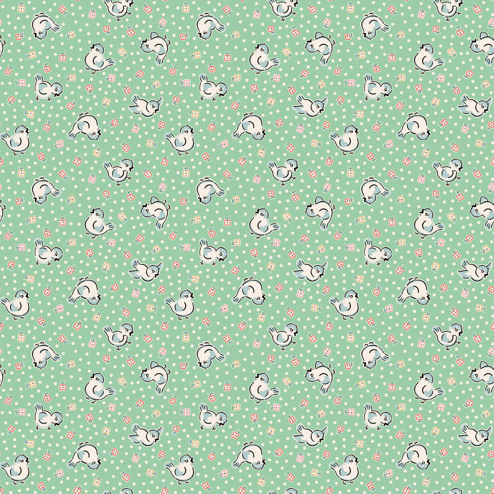 Home Sweet Home Bluebirds Green VR24451 by Elea Lutz for Poppie Cotton (sold in 25cm increments)