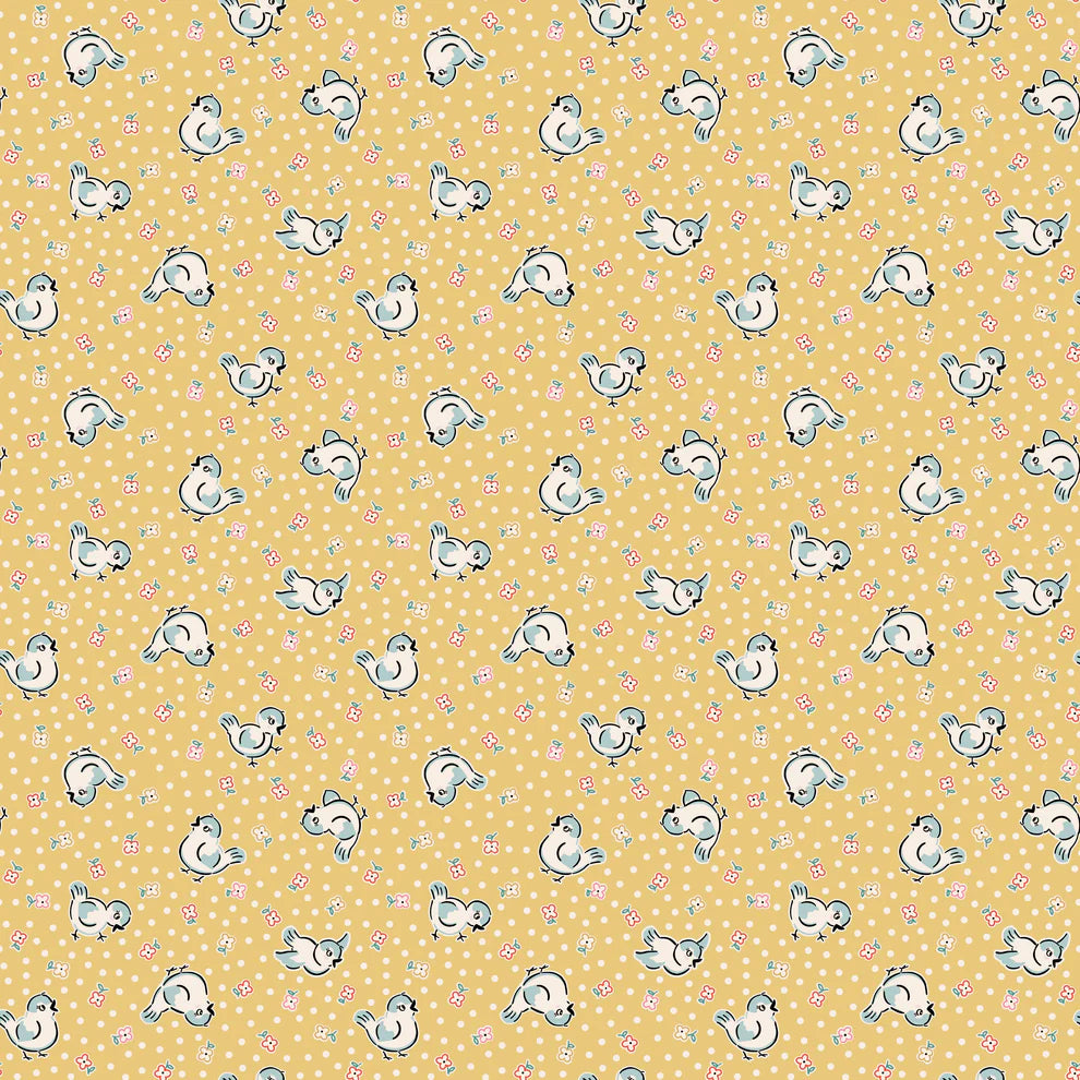 Home Sweet Home Bluebirds Yellow VR24452 by Elea Lutz for Poppie Cotton (sold in 25cm increments)