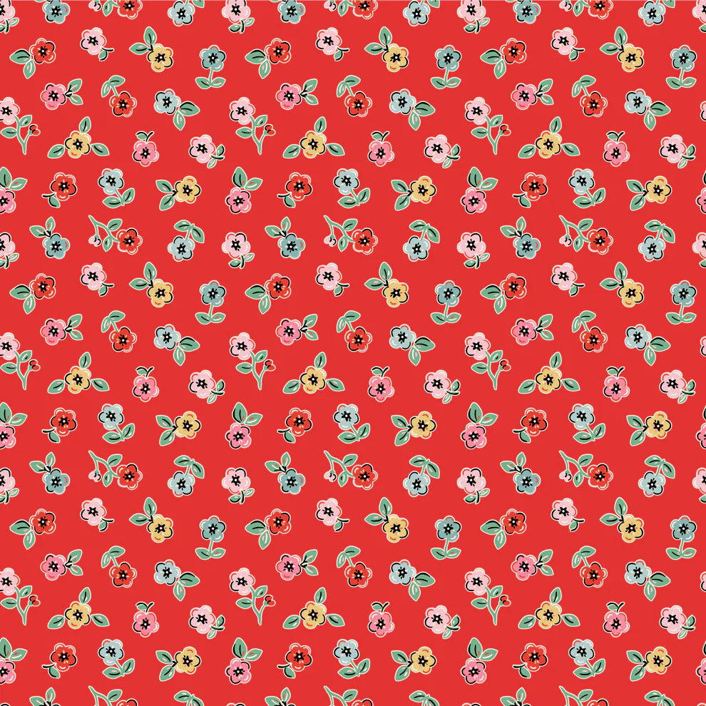 Home Sweet Home Cheery Florals Red VR24465 by Elea Lutz for Poppie Cotton (sold in 25cm increments)
