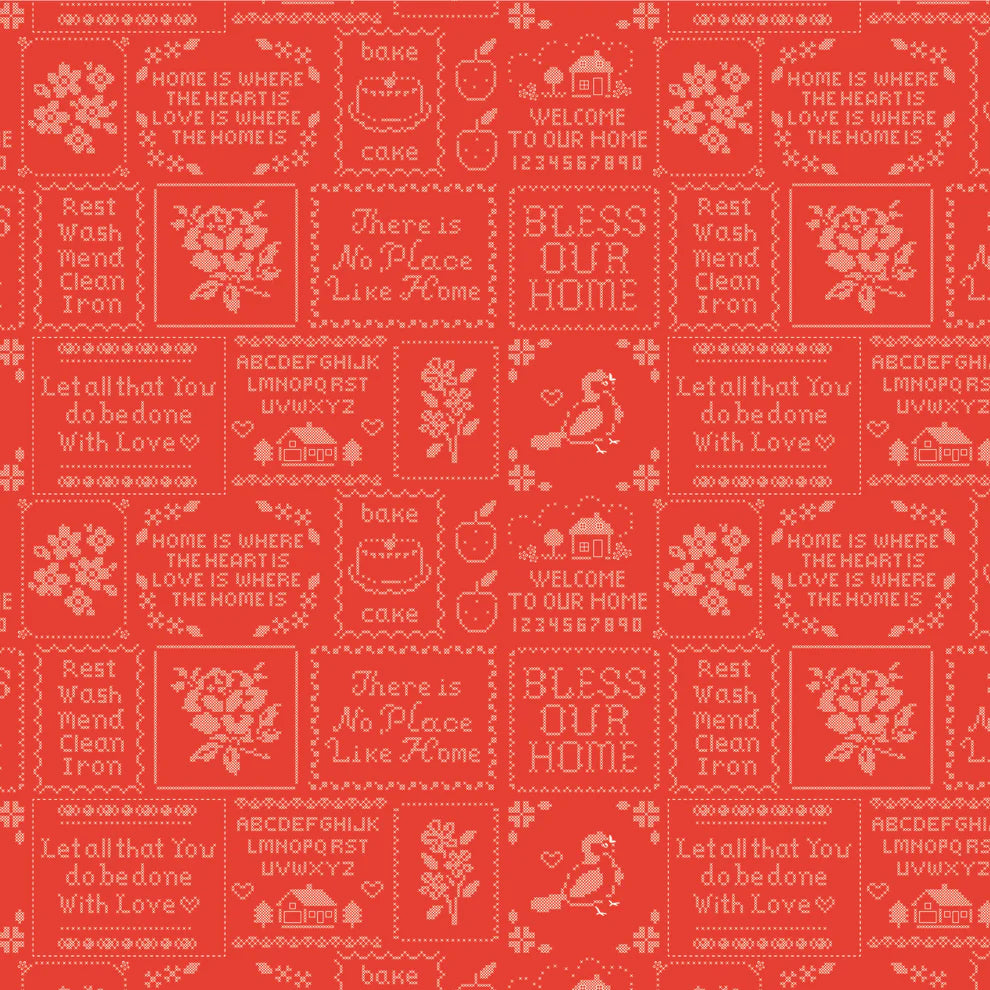 Home Sweet Home Cross Stitch Red VR24462 by Elea Lutz for Poppie Cotton (sold in 25cm increments)