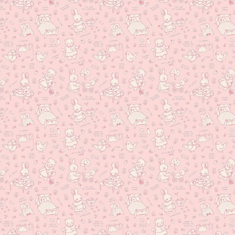 Home Sweet Home Chore Time Pink VR24461 by Elea Lutz for Poppie Cotton (sold in 25cm increments)