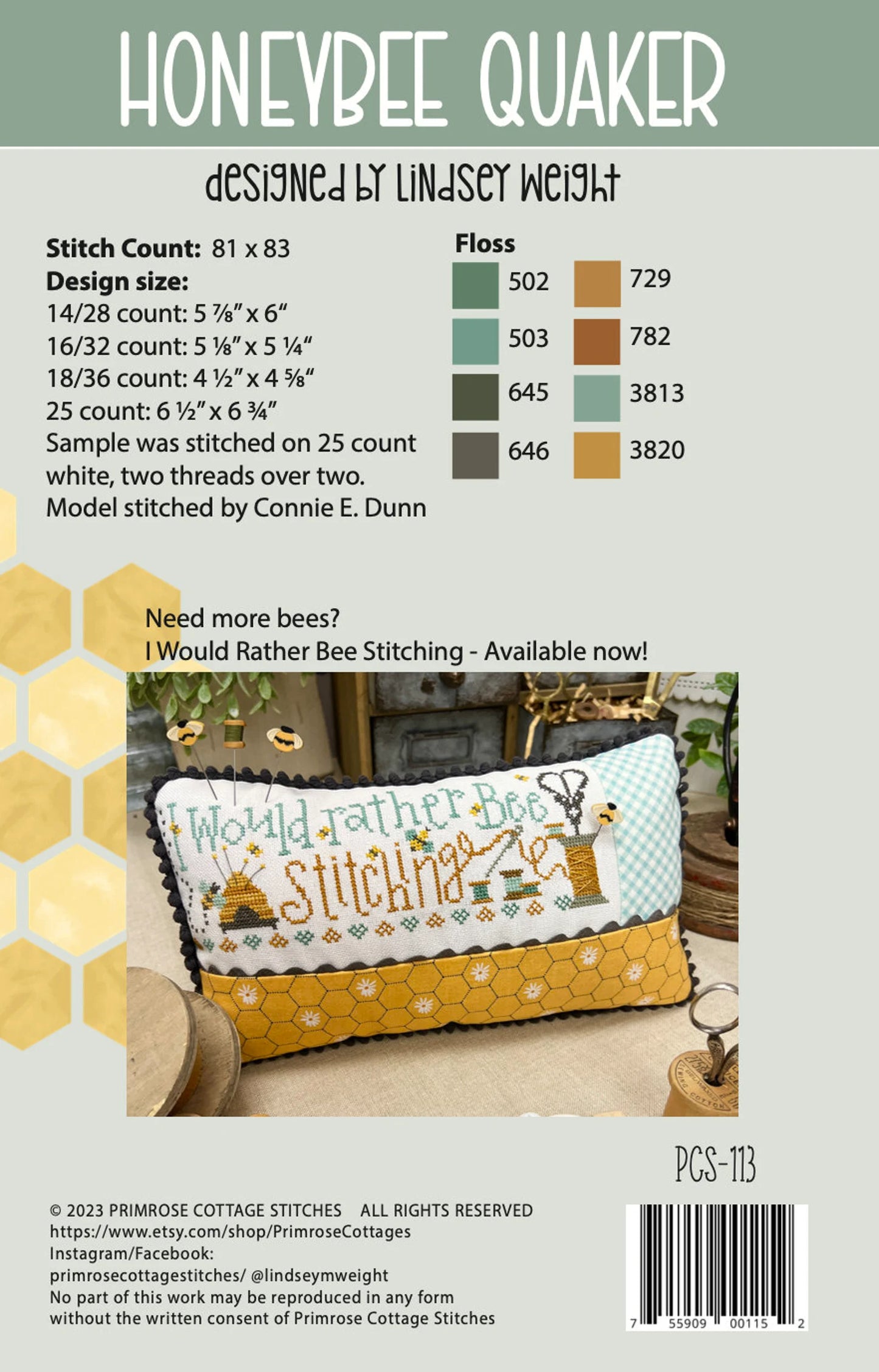 Honeybee Quaker Cross Stitch Pattern Primrose Cottage Stitches