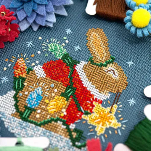Rabbits Bright Winter Night Ornament Cross Stitch Pattern by Counting Puddles