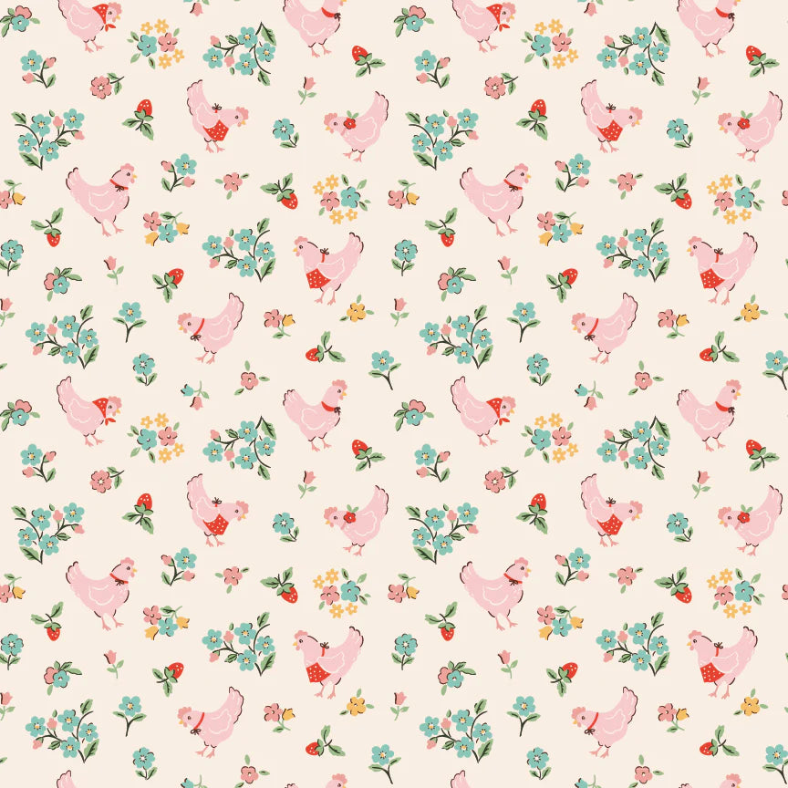 Farmhouse Fancy Spring Chickens Natural FH25958 by Elea Lutz for Poppie Cotton (sold in 25cm increments)