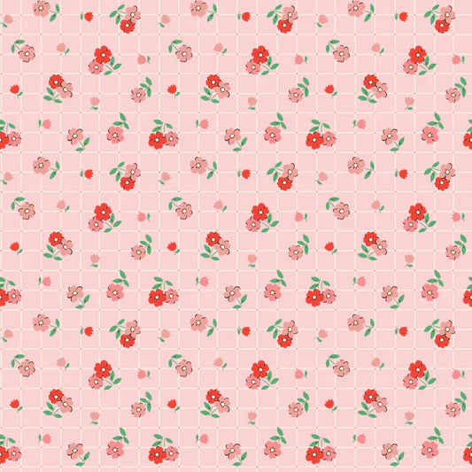 Farmhouse Fancy Tea Towel Pink FH25957 by Elea Lutz for Poppie Cotton (sold in 25cm increments)