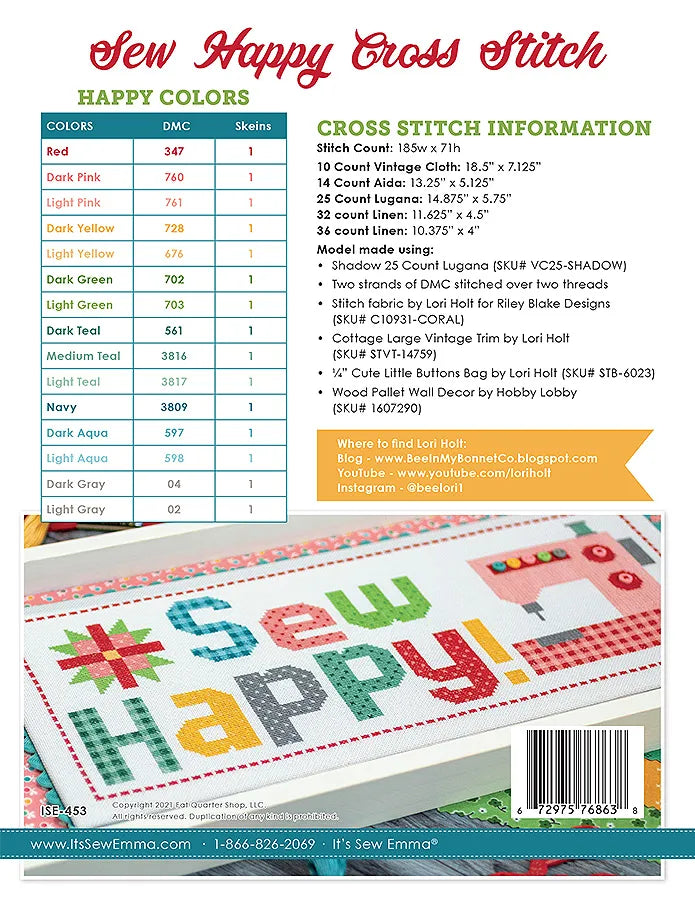 Sew Happy Cross Stitch Pattern Lori Holt of Bee in my Bonnet