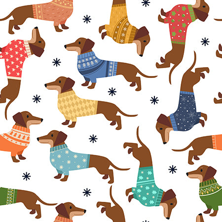 Dashing Dachshunds Christmas Sweater White by Milvale Design Studio for KK Fabrics (sold in 25cm increments)