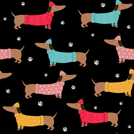 Dashing Dachshunds Christmas Sweater Black by Milvale Design Studio for KK Fabrics (sold in 25cm increments)