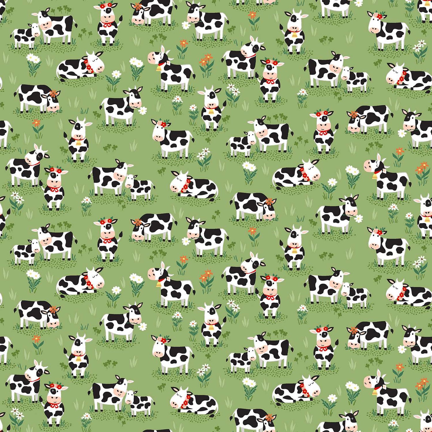 Fun On The Farm Grazing Cows Green M065G by Makower Fabrics (sold in 25cm increments)