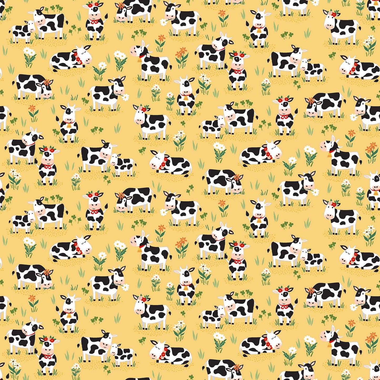 Fun On The Farm Grazing Cows Yellow M065Y by Makower Fabrics (sold in 25cm increments)