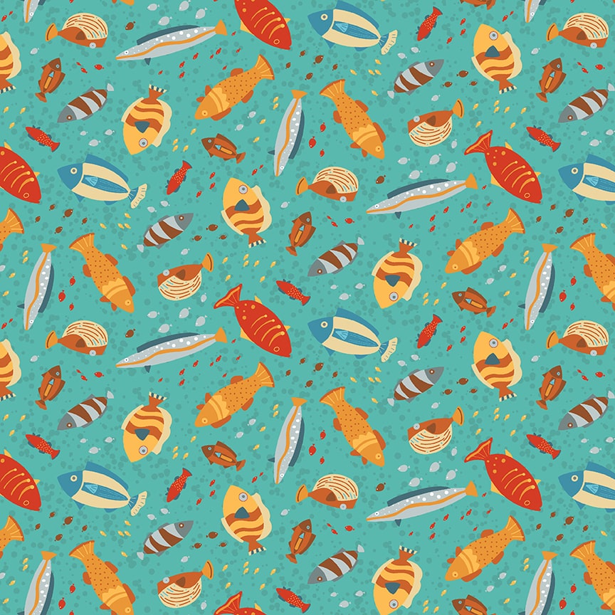 Surf's Up Teal Fish by Barb Tourtillottee for Henry Glass Fabrics (sold in 25cm increments)