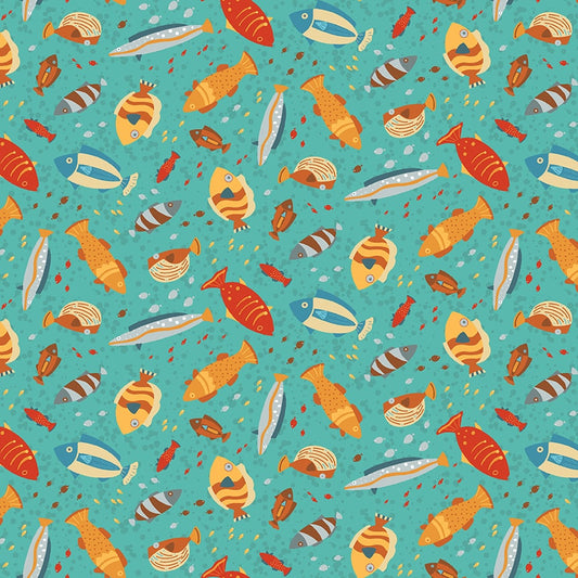 Surf's Up Teal Fish by Barb Tourtillottee for Henry Glass Fabrics (sold in 25cm increments)