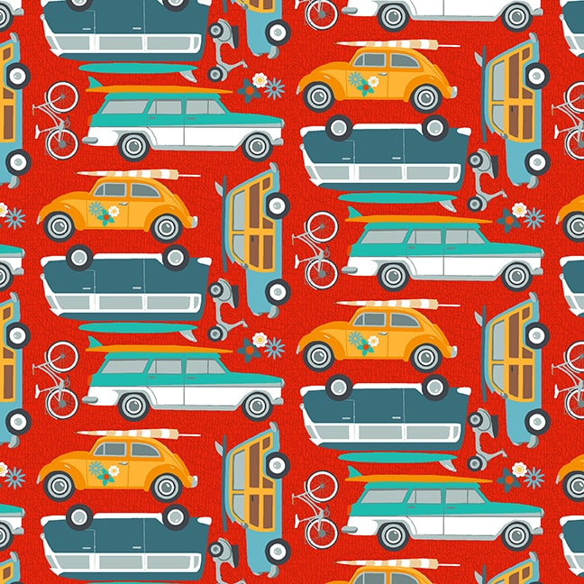 Surf's Up Cars by Barb Tourtillottee for Henry Glass Fabrics (sold in 25cm increments)