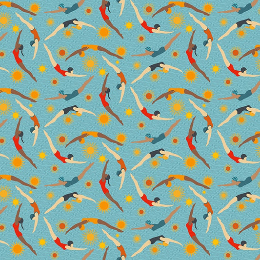 Surf's Up Blue Swimmers by Barb Tourtillottee for Henry Glass Fabrics (sold in 25cm increments)