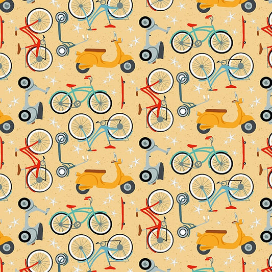 Surf's Up Scooters & Bicycles by Barb Tourtillottee for Henry Glass Fabrics (sold in 25cm increments)
