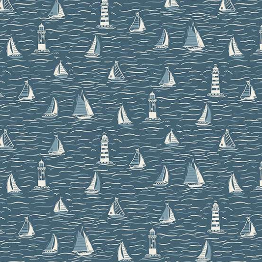 Driftwood Sailing Blue M172B by Makower (sold in 25cm increments)