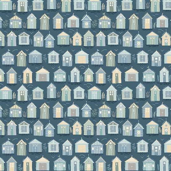 Driftwood Beach Huts Blue M174B by Makower (sold in 25cm increments)