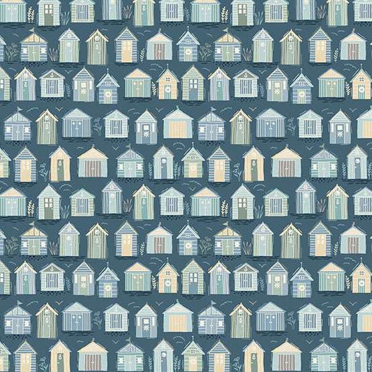 Driftwood Beach Huts Blue M174B by Makower (sold in 25cm increments)