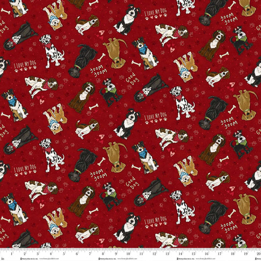 Home is Where the Dog is II Scattered Dogs Red 1858-88 Henry Glass Fabrics (Sold in 25cm increments)