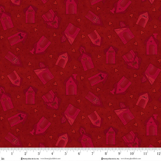 Home is Where the Dog is II Scattered Dog Kennels Red 1859-89 Henry Glass Fabrics (Sold in 25cm increments)