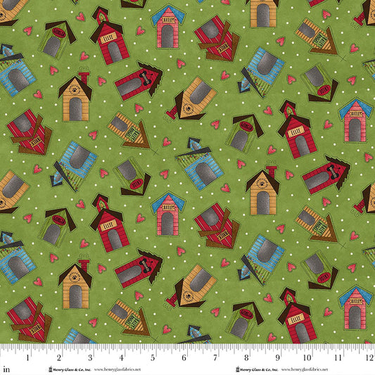 Home is Where the Dog is II Scattered Dog Kennels Green 1860-66 Henry Glass Fabrics (Sold in 25cm increments)
