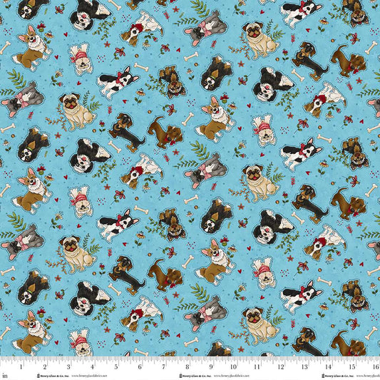 Home is Where the Dog is II Scattered Dogs Blue 1862-11 Henry Glass Fabrics (Sold in 25cm increments)
