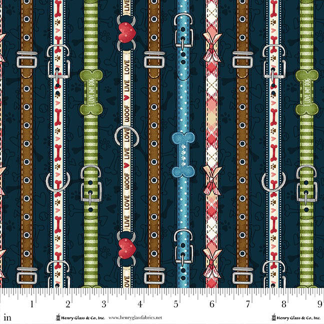 Home is Where the Dog is II Dog Leads Navy 1863-78 Henry Glass Fabrics (Sold in 25cm increments)