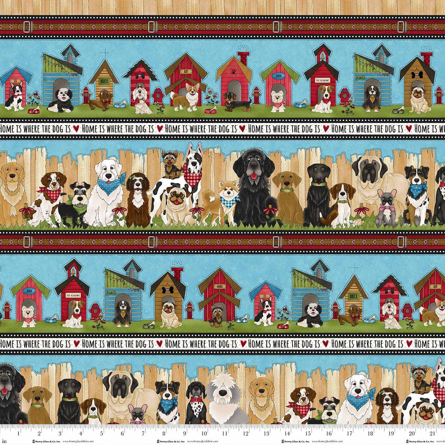 Home is Where the Dog is II Dog Strips Blue 1866-11 Henry Glass Fabrics (Sold in 25cm increments)