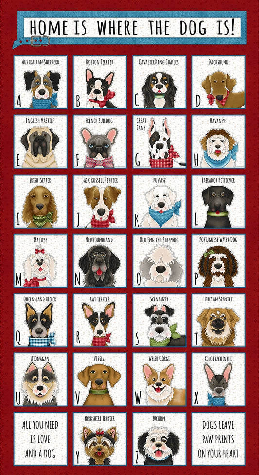 Home is Where the Dog is II Dog Breeds Red Panel 1867-88 Henry Glass Fabrics